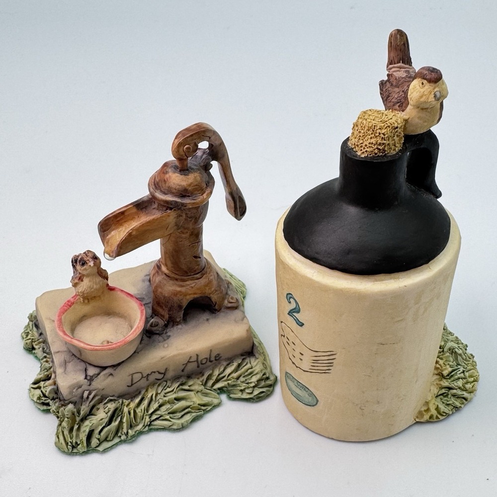 Lowell Davis THIRSTY? & DRY HOLE Bird Jug Crock Water Pump Figurine LOT 2 Schmid